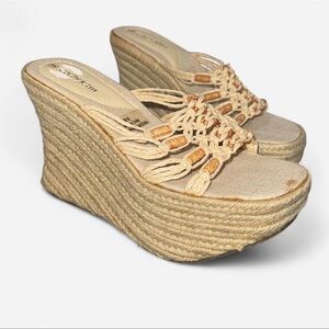 Cathy Jean Beige Macramé Rope Wedge Sandals